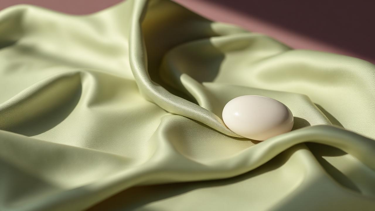 A smooth pale stone resting in folds of sage-green silk