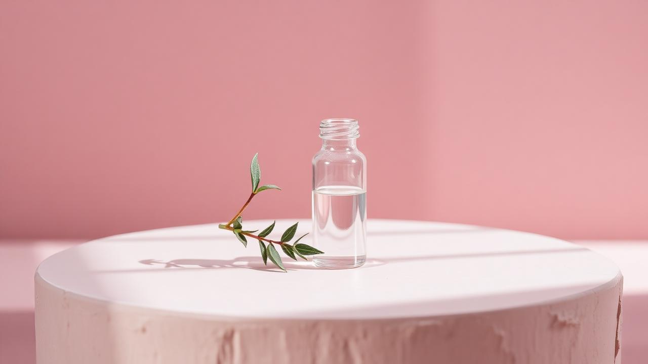 A clear glass vial and a sprig of sage on a pale clay plinth