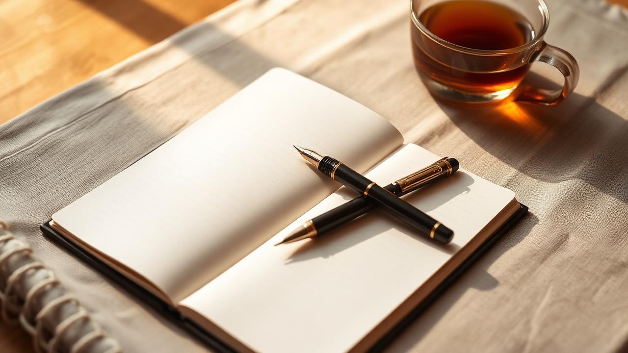 An open blank notebook and pen beside a glass of herbal tea in morning light