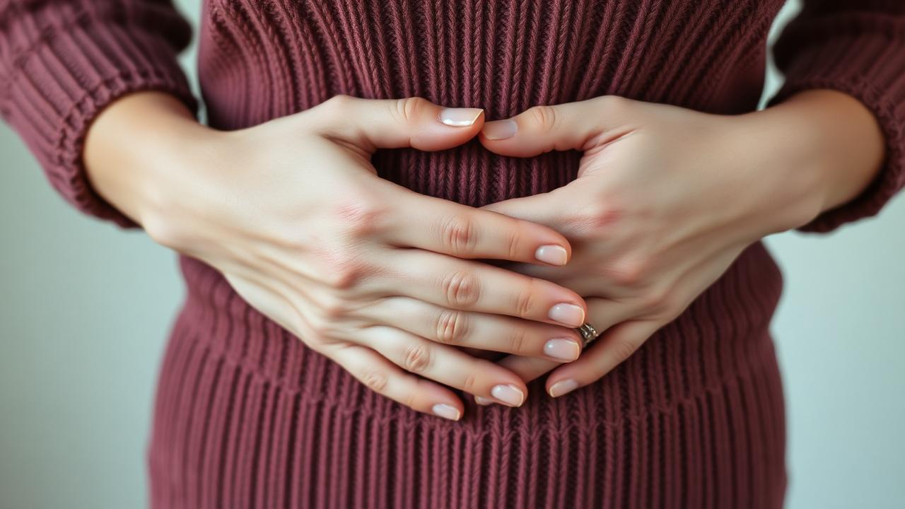 Close crop of hands resting gently over the lower abdomen