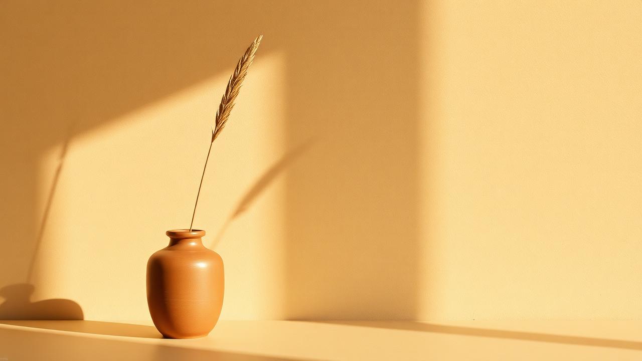 A single dried grass stem in a clay vase casting a long shadow on a sand-coloured wall