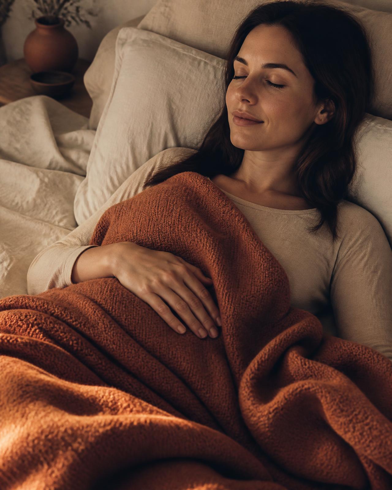A woman resting calmly under a warm clay-coloured blanket, hand on her lower abdomen