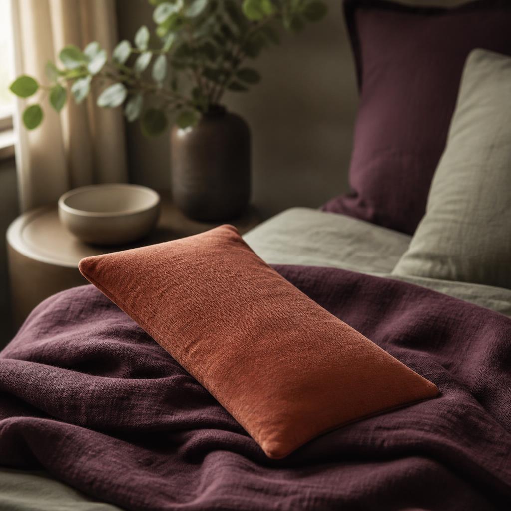 Period cramp relief ritual: a terracotta heat pack resting on a plum linen throw for the first cramp-heavy days of a period