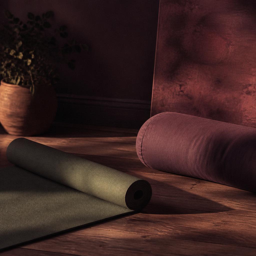 Gentle movement ritual for low-energy period days: a rolled sage-green yoga mat and bolster cushion on a warm wooden floor