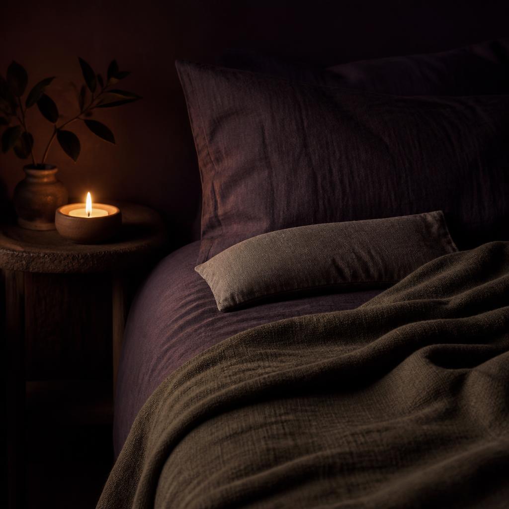 Luteal-phase wind-down ritual: a lit candle, linen eye pillow and folded blanket beside a bed for better sleep before a period