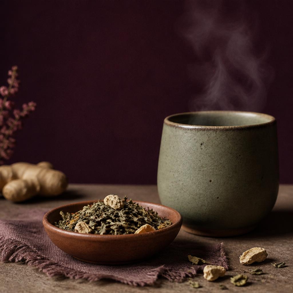 Herbal period remedy ritual: loose herbal tea leaves and dried ginger root beside a steaming ceramic cup for cramp relief